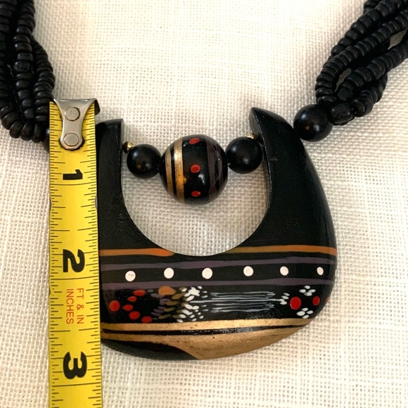 Vintage Art Necklace Multi Strand Beaded Large painted pendant Black Red Gold - Picture 5 of 12